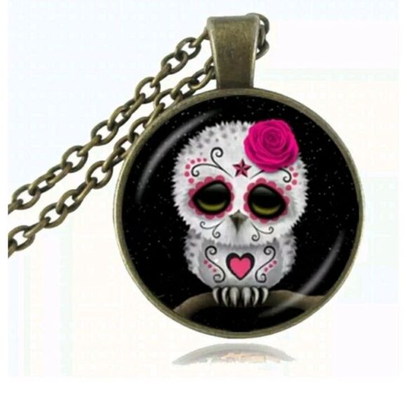 Sugar Skull Owl Necklace, Bronze Pendant, Day of the Dead, Halloween, Pink Rose - Picture 1 of 2